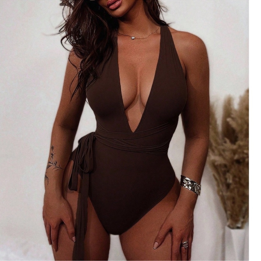 Solid Low Cut Criss Cross Tie One Piece Monokini Swimsuit S M L XL